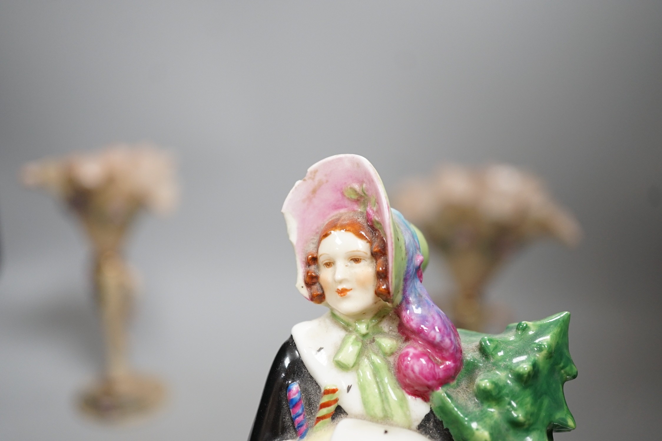 Continental porcelain figures, a Lalique figure of a crouched figure, etc.